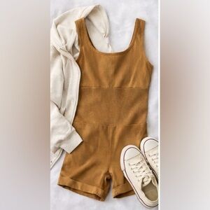 Ribbed Seamless Romper Brown Square Neck Lounge Bodysuit Shorts